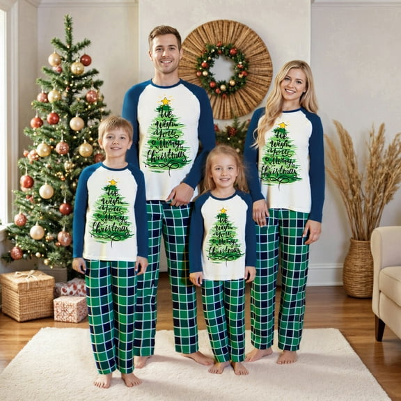Jaweiwi Family Matching Christmas Pajamas Set Tree Letter Print Tops and Plaid Pants Holiday Pajamas Sleepwear