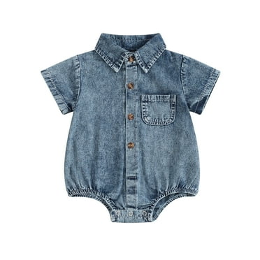 Jaweiwi Infant Boys Girls Denim Romper Solid Color Short Sleeve Turn-Down Collar Baby Jumpsuits Summer Buttons Casual Bodysuits