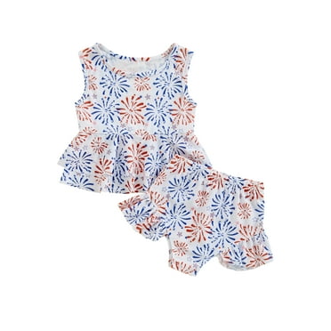 ﻿  Jaweiwi Little Girl  Swimsuit 4th of July Outfit, Star Print Sleeveless Ruffled Swim Tops Swim Shorts Toddler  Bathing Suit ,18M-6T