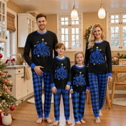 JAWEIWI Matching Family Pajamas for Christmas Long Sleeve Star Tree Print Tops + Plaid Pants Set Loungewear for Holiday Wear