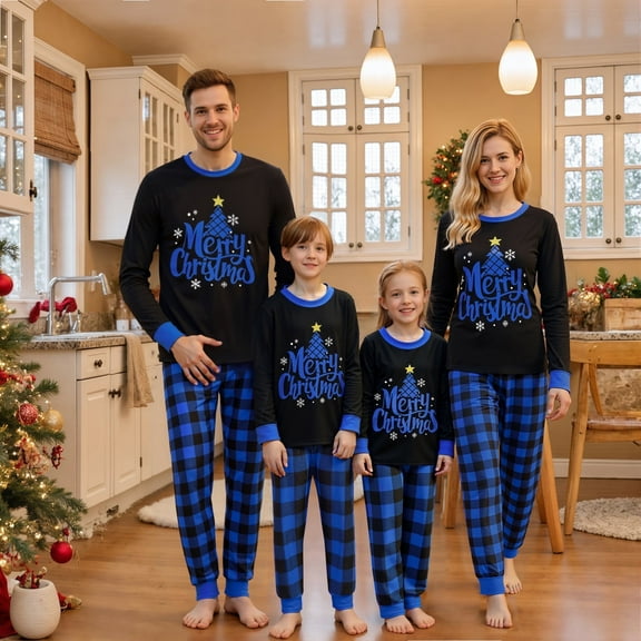 Jaweiwi Matching Family Pajamas for Christmas Long Sleeve Star Tree Print Tops + Plaid Pants Set Loungewear for Holiday Wear
