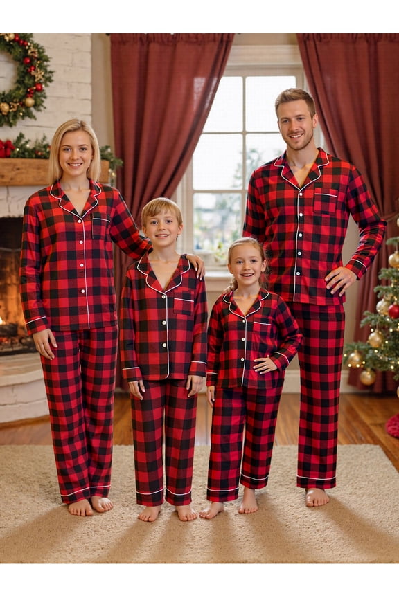 Matching Family Plaid Pajamas Set for Christmas, Long Sleeve Shirt with Pants Plaid Sleepwear Loungewear for Holiday Wear