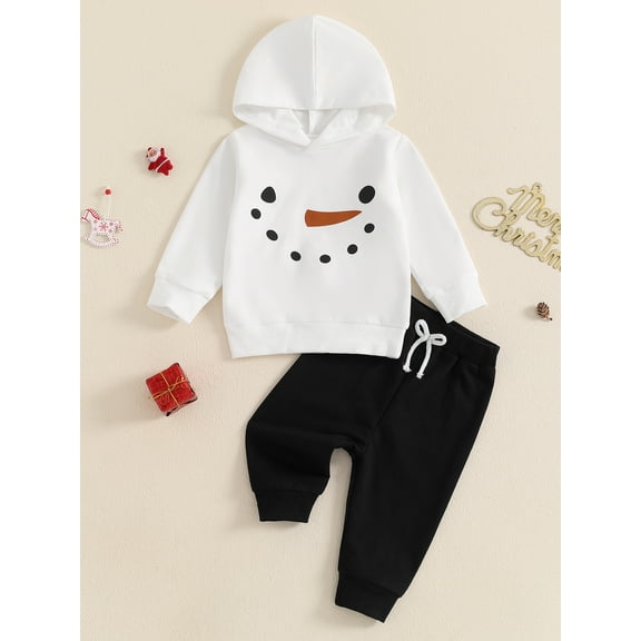 Jaweiwi Toddler Baby Boy Christmas Outfits Sets 6 12 18 24 Months 2T 3T Snowman Print Long Sleeve Hooded Sweatshirt Drawstring Long Pants Clothes Set