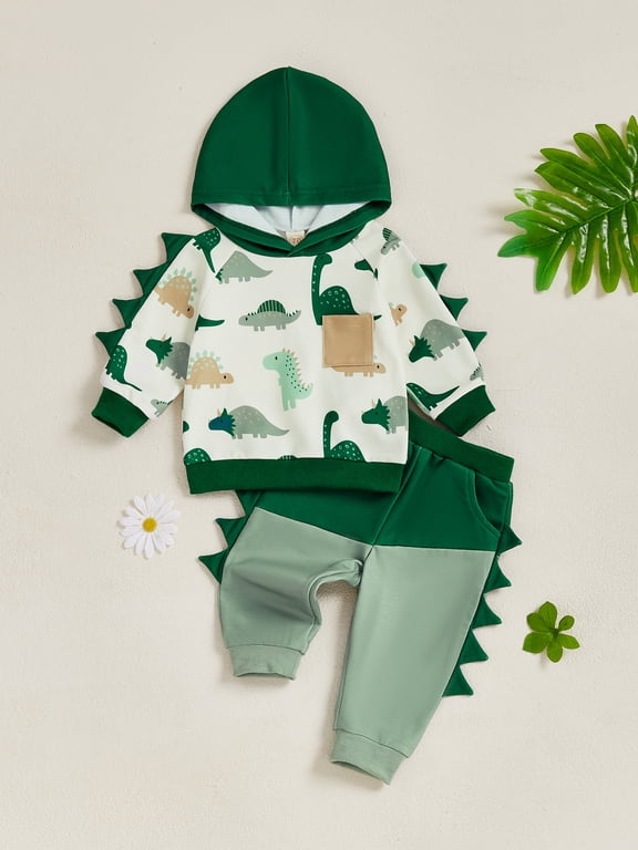 Toddler Baby Boy Fall Outfits 3 6 12 18 24 Months 2T 3T Dinosaur Print Long Sleeve Hoodies + Elastic Waist Long Pants 2 Pcs Clothes Set
