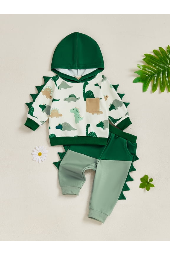 Toddler Baby Boy Fall Outfits 3 6 12 18 24 Months 2T 3T Dinosaur Print Long Sleeve Hoodies + Elastic Waist Long Pants 2 Pcs Clothes Set