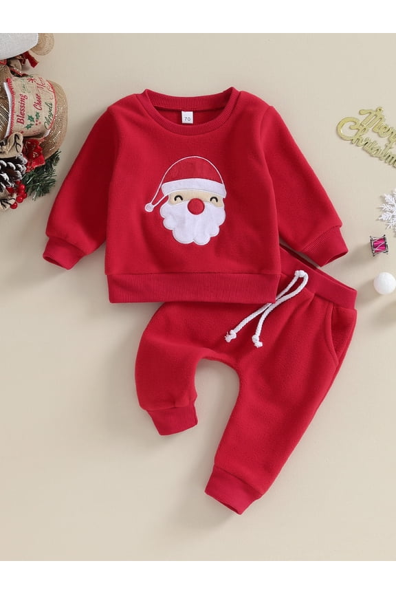 Toddler Baby Boys Christmas Outfits 6 12 18 24 Months 2T 3T Santa Embroidery Long Sleeve Sweatshirts and Solid Color Long Pants 2Pcs Clothes Set