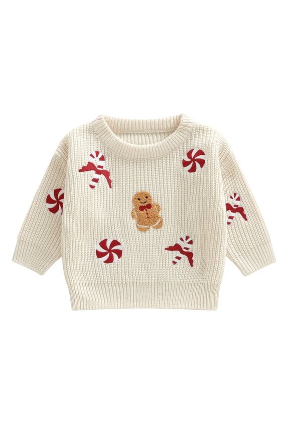 Toddler Baby Christmas Sweater Candy Gingerbread Man Embroidered Ribbed Long Sleeve Knitted Tops for Winter