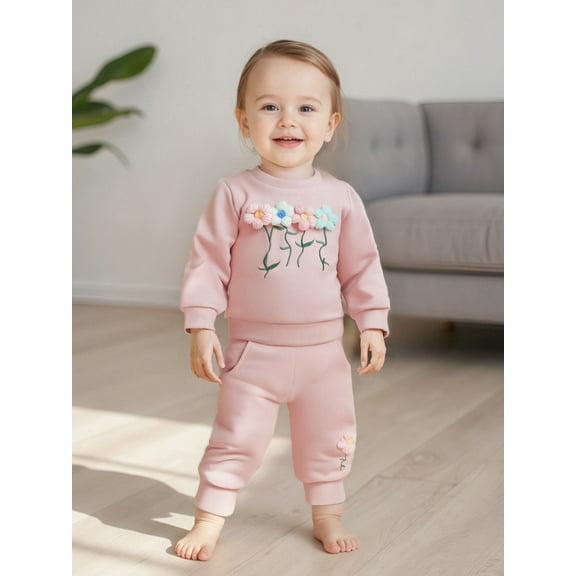 Jaweiwi Toddler Baby Girl Fall Outfits with 3D Flower 6 12 18 24 Months 2T 3T 4T  Long Sleeve Round Neck Pullover   Elastic Waist Long Pants 2 Pcs Clothes Set
