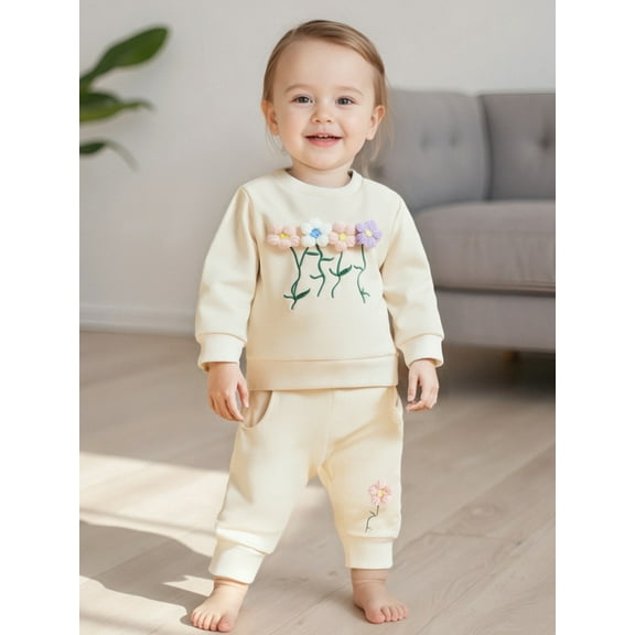 Jaweiwi Toddler Baby Girl Fall Outfits with 3D Flower 6 12 18 24 Months 2T 3T 4T  Long Sleeve Round Neck Pullover   Elastic Waist Long Pants 2 Pcs Clothes Set