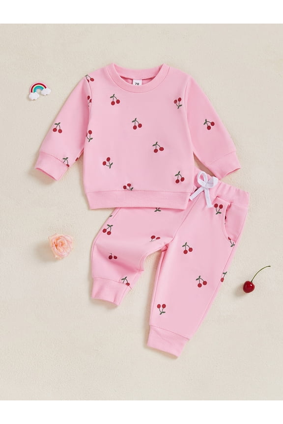 Toddler Baby Girl Winter Fall Outfit 3 6 12 18 24 Months 2T 3T 4T Cherry Print Long Sleeve Sweatshirt Elastic Waist Joggers 2 Piece Clothes Set