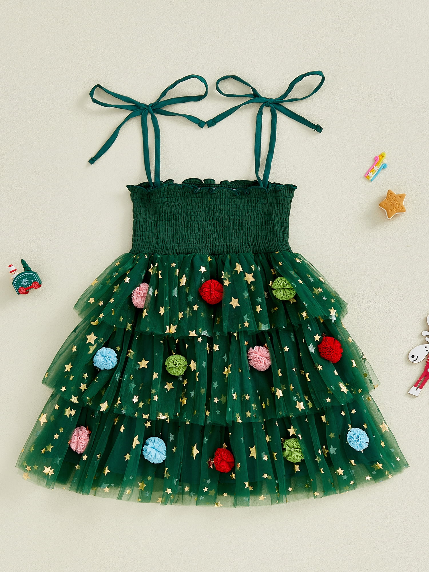 Jaweiwi Toddler Kids Little Girl Christmas A Line Dress Star Print Sleeveless Tie-up Strap Smocked Tulle Cake Dresses 1-6 Years Jaweiwi Toddler Kids Little Girl Christmas A Line Dress Star Print Sleeveless Tie-up Strap Smocked Tulle Cake Dresses 1-6 Years