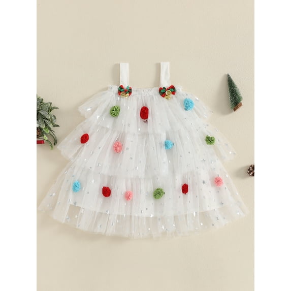 Jaweiwi Toddler Kids Little Girl Christmas Dress 1-9 Years Star Print Square Neck Sleeveless Layered Tulle Dresses with Plush Ball Christmas Hat