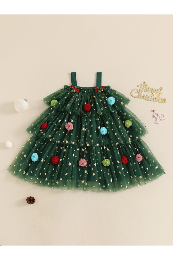 Toddler Kids Little Girl Christmas Dress 1-9 Years Star Print Square Neck Sleeveless Layered Tulle Dresses with Plush Ball Christmas Hat