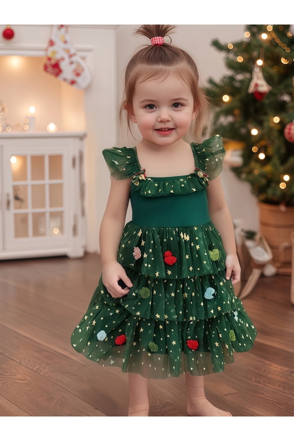 Toddler Kids Little Girl Tulle Christmas Dress 12 18 24 Months 2T 3T 4T 5T 6T Star Ball Square Neck Flying Sleeve A-line Layered Princess Dresses Cute Holiday Clothes