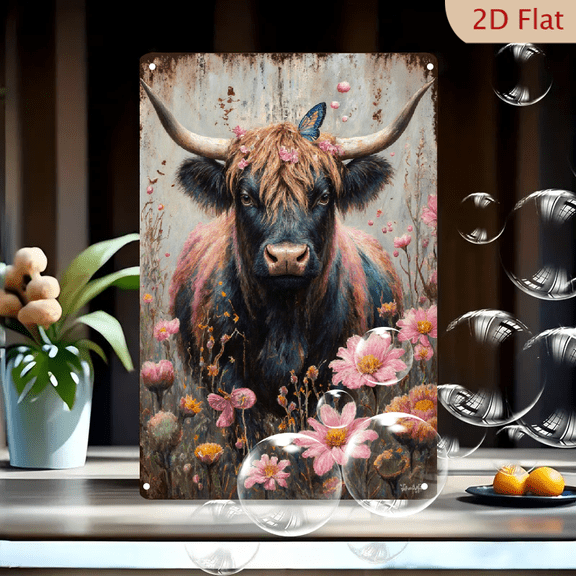Jaworski Highland Cow Art 8x12in Metal Wall Decor, Shaggy Cow with Pink Flowers & Blue Butterfly in Wildflower Field, Rustic Farmhouse Vintage Style Canvas Print for Home Living Room Bedroom