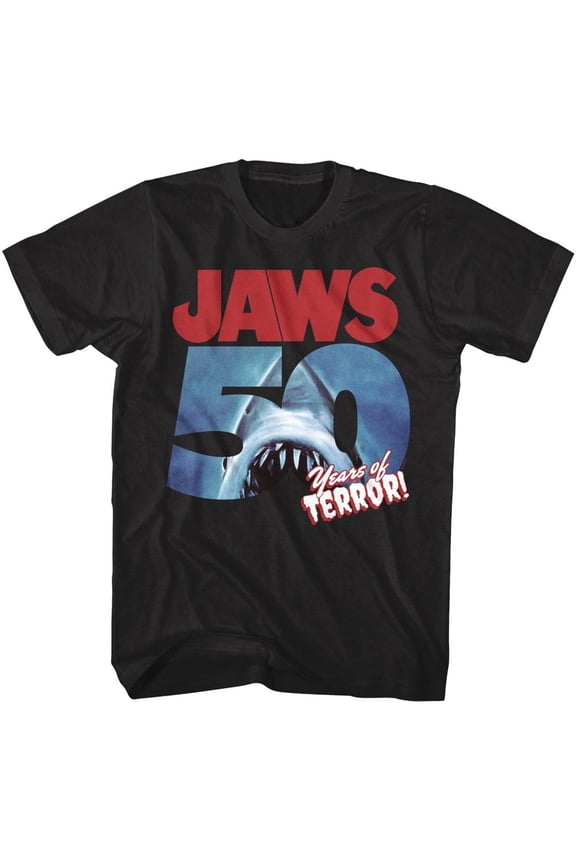 Jaws 50 Years of Terror Black Men's T Shirt (Black, Adult2XL)