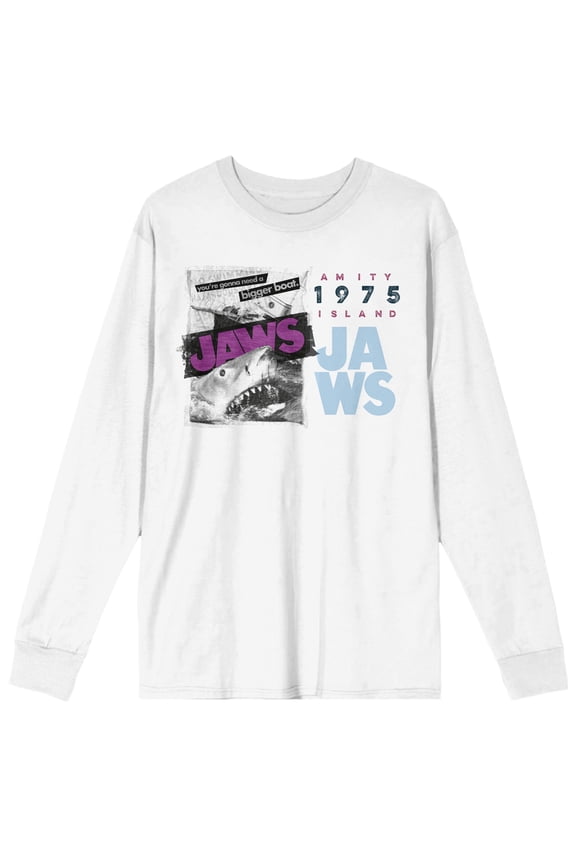 Jaws Amity Island 1975 Crew Neck Long Sleeve Men's White Tee