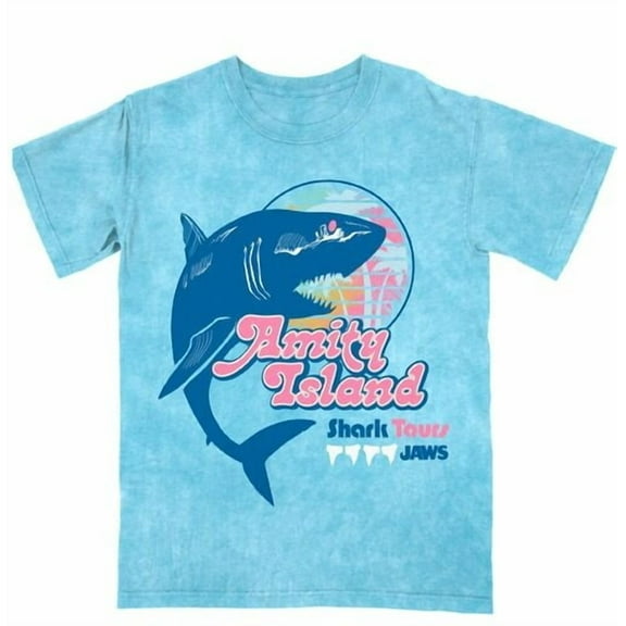 Jaws Amity Island Shark Tours Women's Blue Mineral Wash Crew Neck Short Sleeve T-shirt-Small