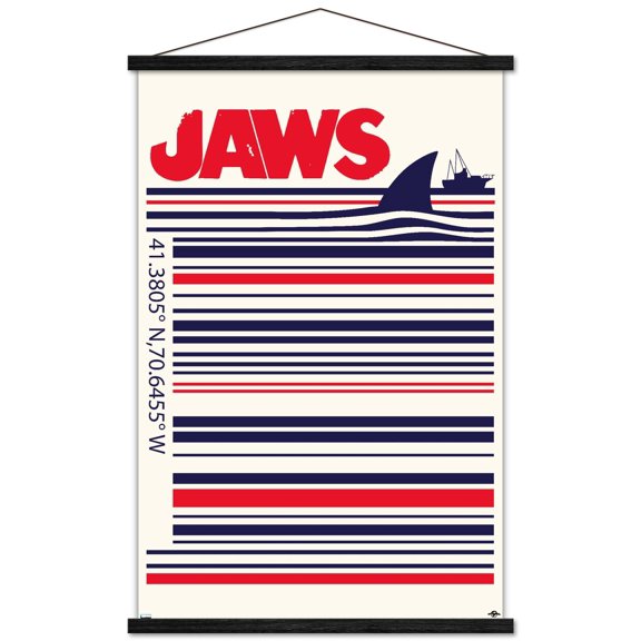 Jaws - Barcode Wall Poster with Wooden Magnetic Frame, 22.375" x 34"