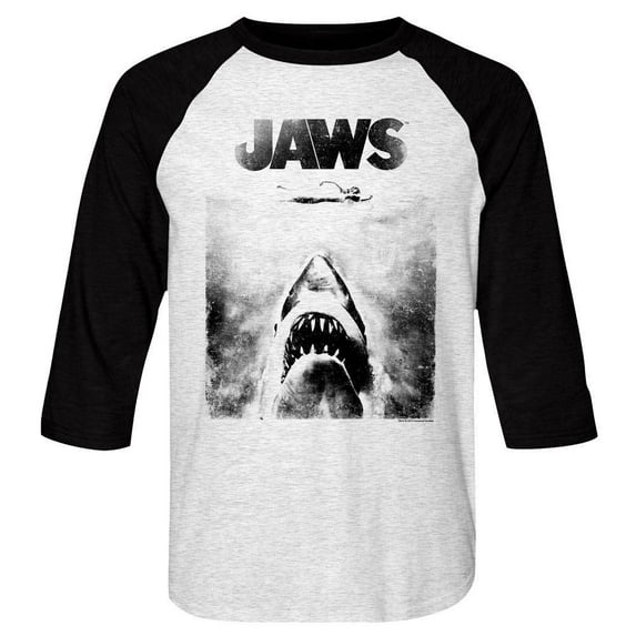 Jaws Black And White Adult Raglan Baseball T-Shirt