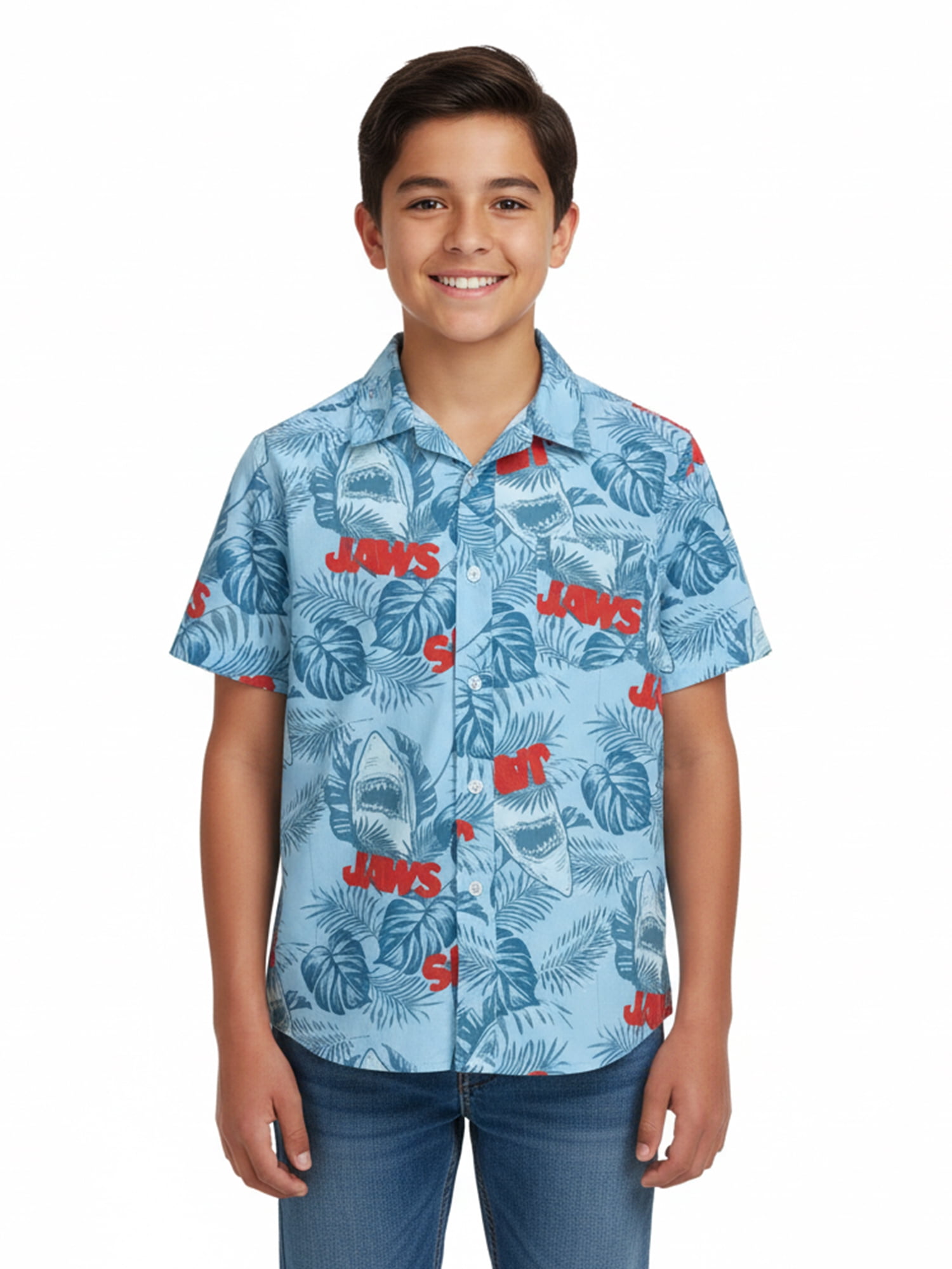 Jaws Boys Cotton Graphic Button Up Shirt with Short Sleeves, Sizes 4-18