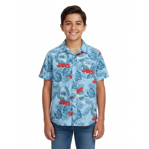 Jaws Boys Cotton Graphic Button Up Shirt with Short Sleeves, Sizes 4-18