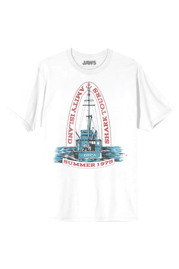 Jaws Franchise Amity Island Shark Tours Iconic Orca Tail Sail on White Adult White Crew Neck Short Sleeve T-shirt - 3XL