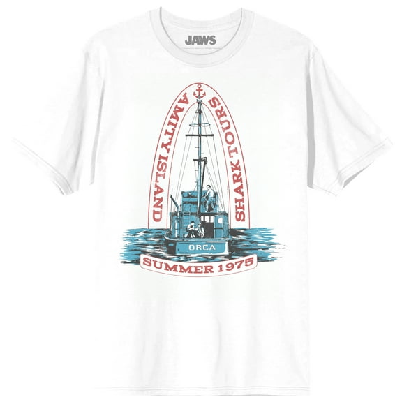 Jaws Franchise Amity Island Shark Tours Iconic Orca Tail Sail on White Adult White Crew Neck Short Sleeve T-shirt - 5XL
