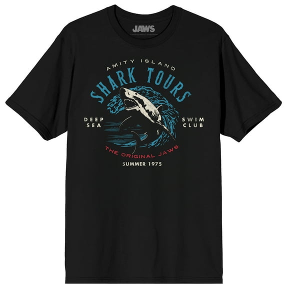 Jaws Franchise Amity Island Shark Tours Wave on Black Adult Crew Neck Short Sleeve T-shirt - 3XL