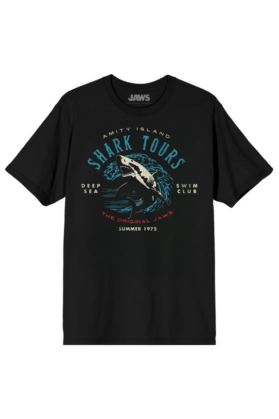 Jaws Franchise Amity Island Shark Tours Wave on Black Adult Crew Neck Short Sleeve T-shirt - Small