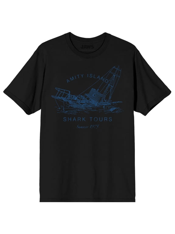Jaws Franchise Amity Island Shipwreck Shark Tours on Black Adult Crew Neck Short Sleeve T-shirt - Large