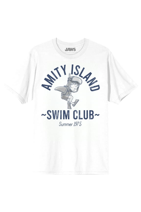 Jaws Franchise Amity Island Swim Club Shark Boy on White Adult Crew Neck Short Sleeve T-shirt - 5XL