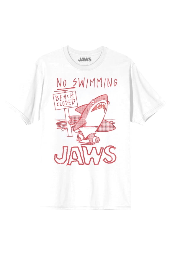 Jaws Franchise Beach Closed No Swimming No Surfing on White Adult Crew Neck Short Sleeve T-shirt - Small