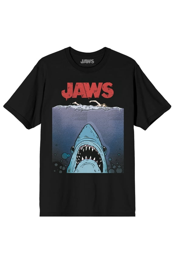 Jaws Franchise Jaws Comic Crawl Poster ADULT SS Tee on Black Adult Crew Neck Short Sleeve T-shirt - Large