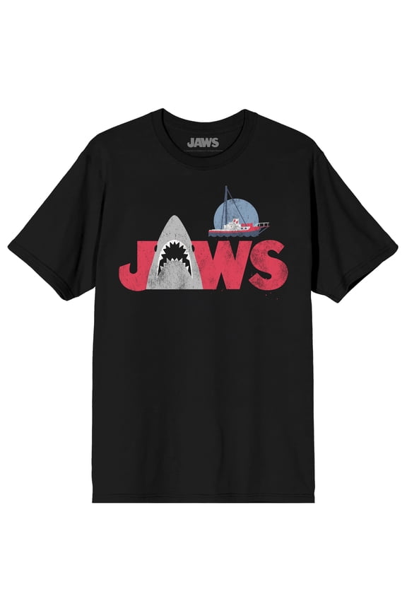 Jaws Franchise Jaws Logo on Black Tee Adult Crew Neck Short Sleeve T-shirt - Medium