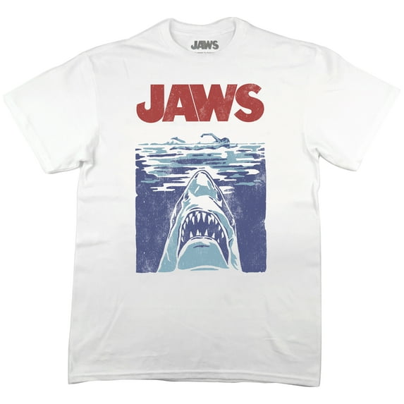 Jaws Franchise Vintaged 3 Color Iconic Poster on White Adult Crew Neck Short Sleeve T-shirt - 3XL