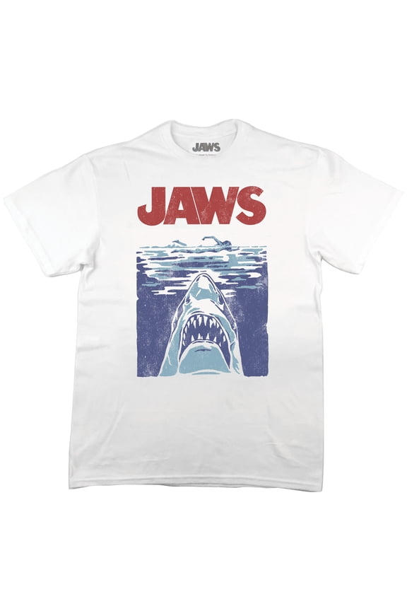 Jaws Franchise Vintaged 3 Color Iconic Poster on White Adult Crew Neck Short Sleeve T-shirt - 3XL