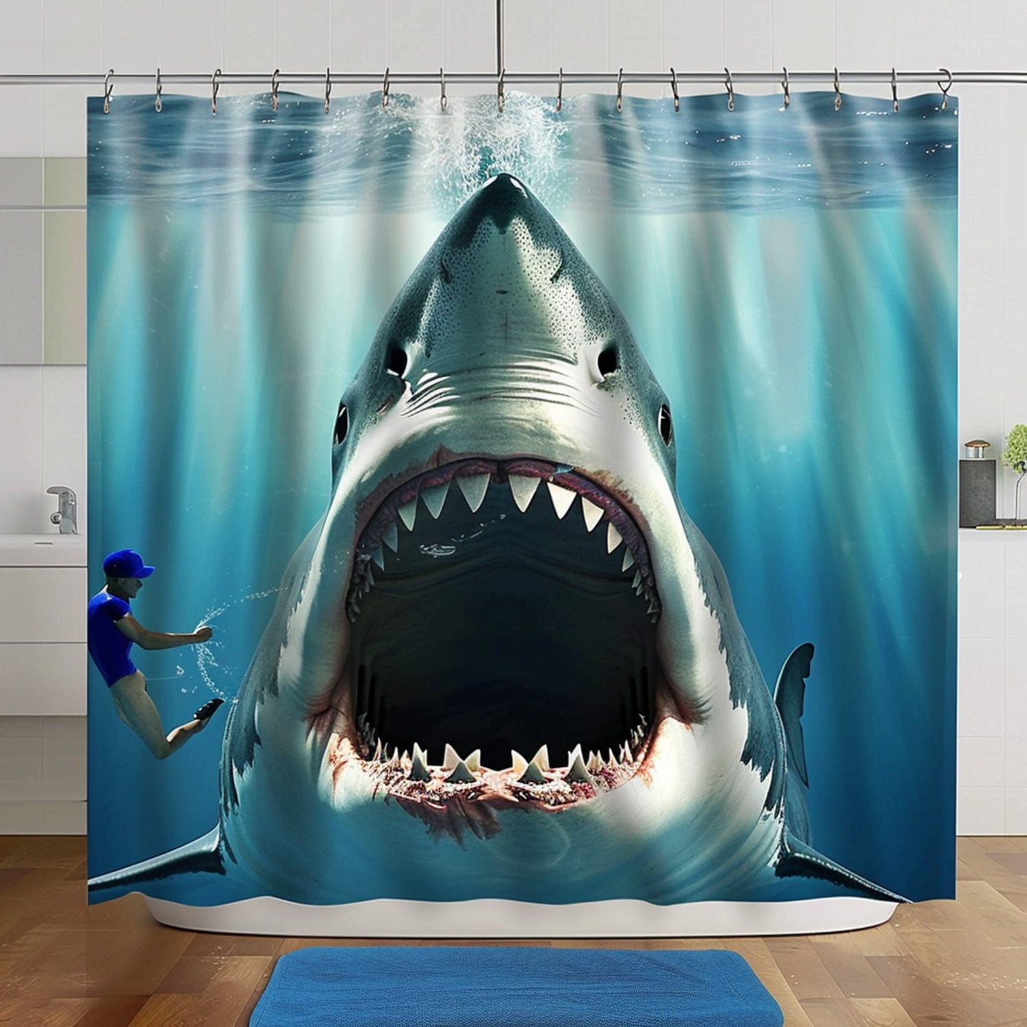 JawsInspired Shark Attack Shower Curtain Set with Swimmer and Ocean