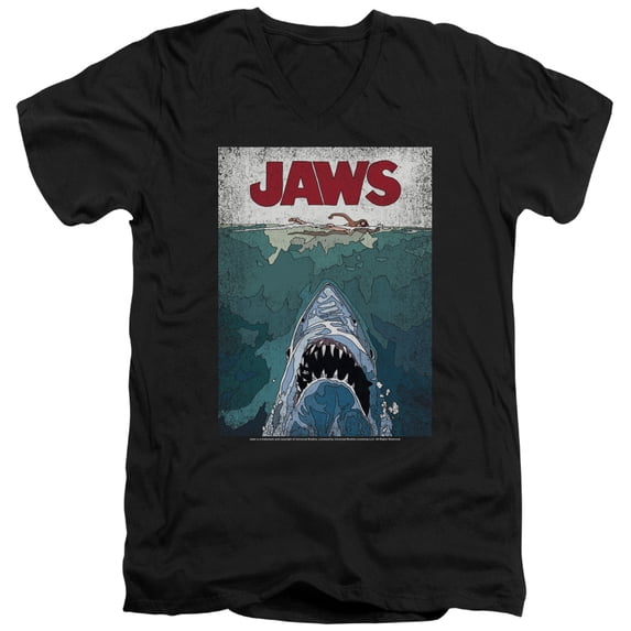 Jaws Lined Poster S/S Adult V-Neck 30/1 T-Shirt Black