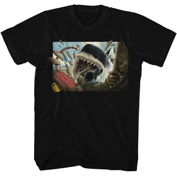 Jaws Man Falling In Shark Mouth Black Adult T-Shirt S