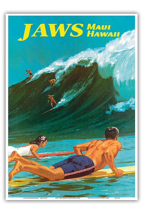 Jaws - Maui Hawaii - Big Wave Surfing - Vintage Hawaiian Travel Poster by Chas Allen c.1950s - Master Art Print 10in x 14in