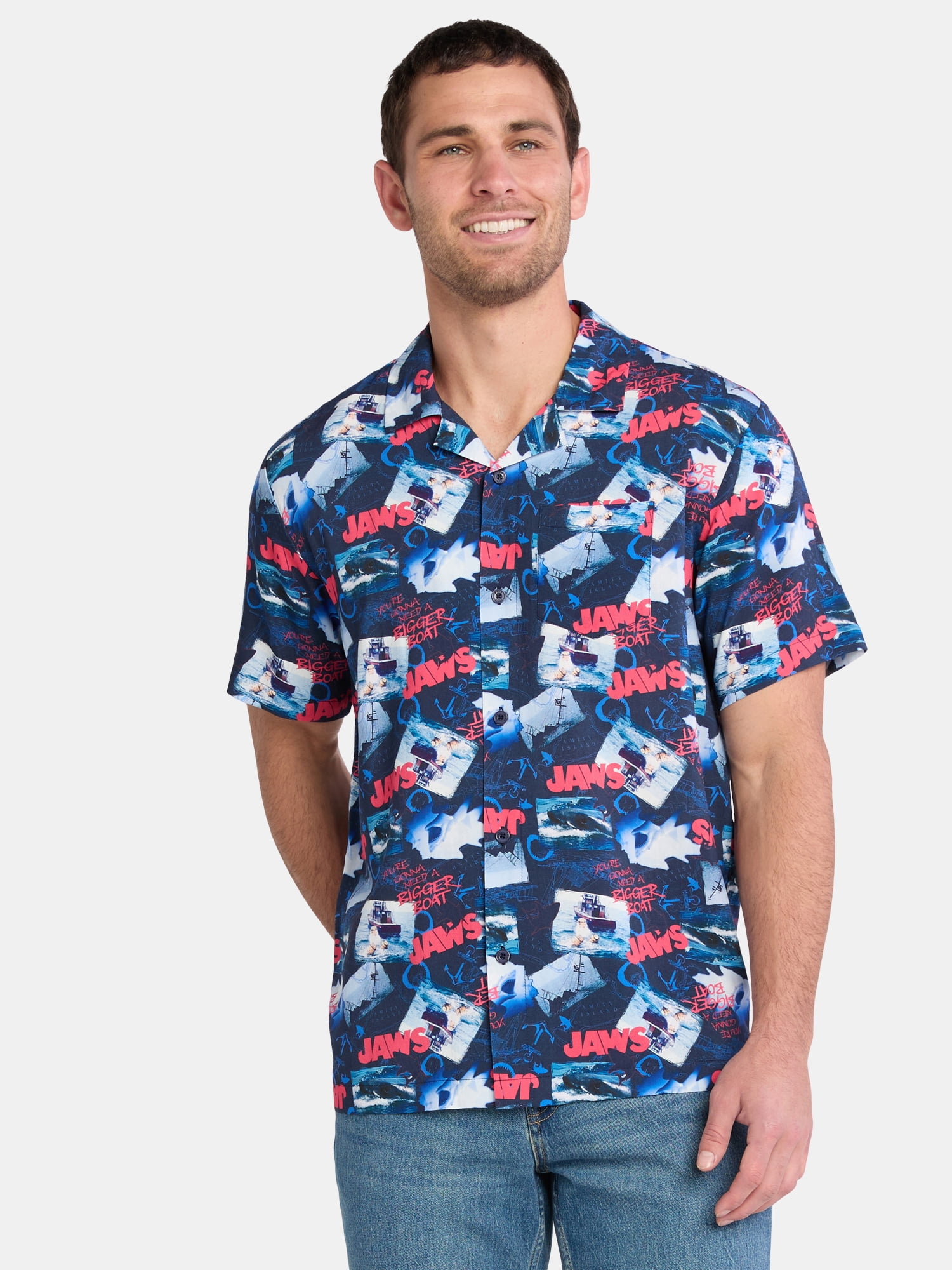 Jaws Men's Print Button Up Shirt with Short Sleeves, Sizes XS-5XL