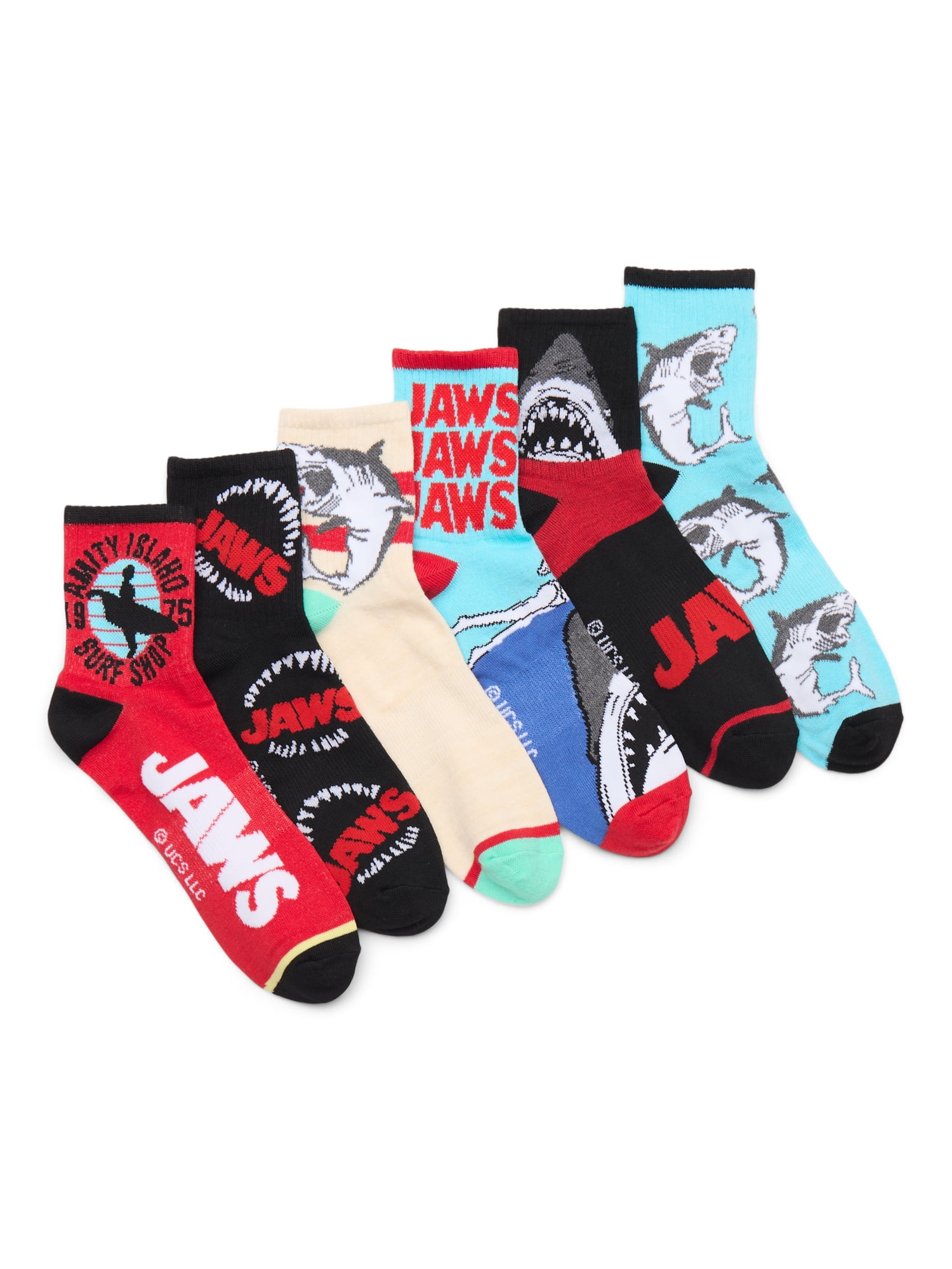Jaws Men's Quarter Crew Ankle Socks, 6-Pack, Shoe Sizes 8-12