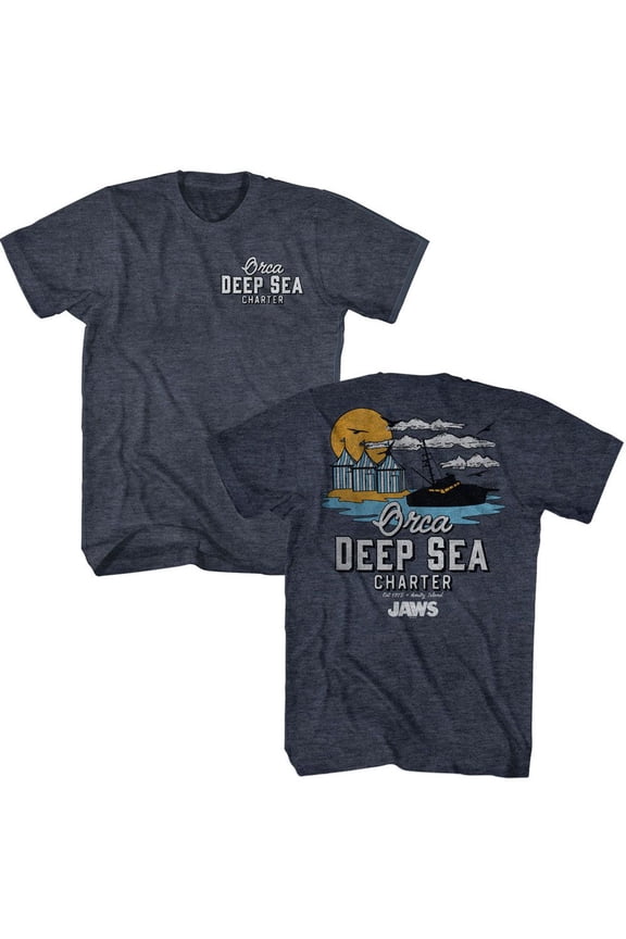 Jaws - Orca Charters Illustrated - Front and Back Print Heather Adult T-Shirt