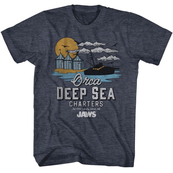 Jaws Orca Charters Illustrated Navy Heather Adult T-Shirt 2Xl