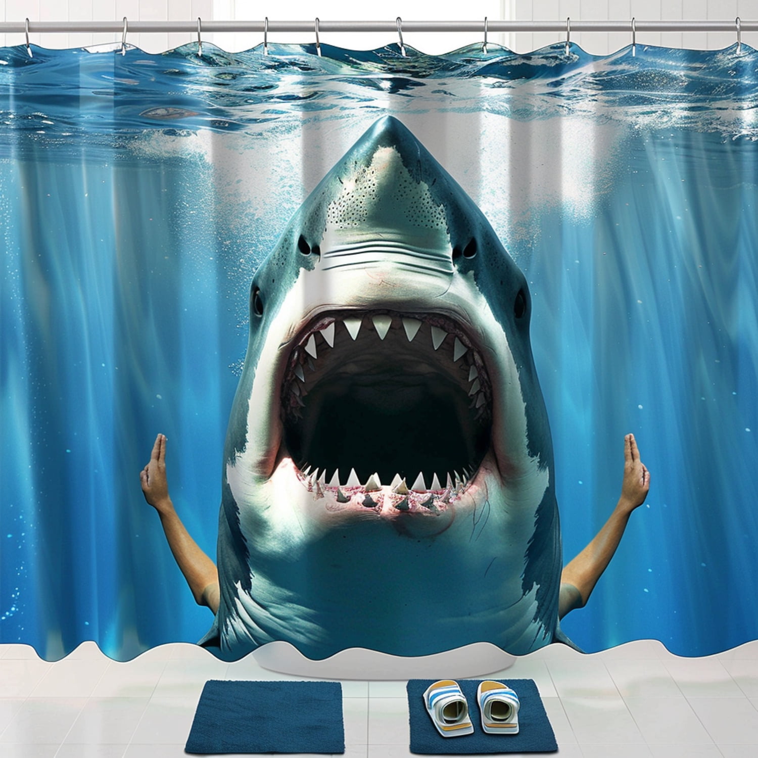 Jaws Shark Attack Shower Curtain Ocean Bathroom Decor with Swimmer