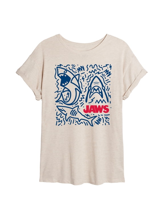 - Blue Shark Doodle with Red Logo Relaxed Fit T-Shirt