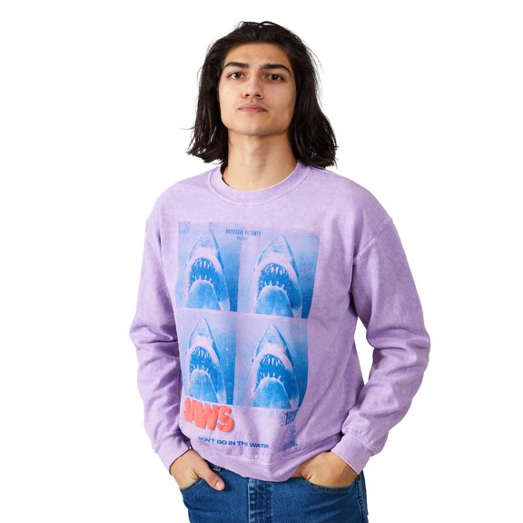 Jaws Shark Four Square Poster Art Crew Neck Long Sleeve Lilac Wash Adult Sweatshirt-Medium