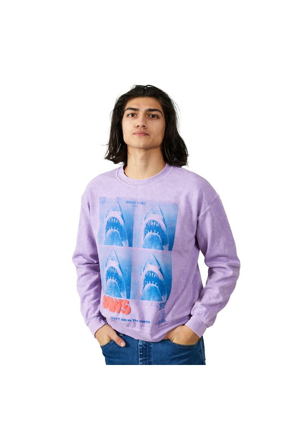 Jaws Shark Four Square Poster Art Crew Neck Long Sleeve Lilac Wash Adult Sweatshirt-Medium