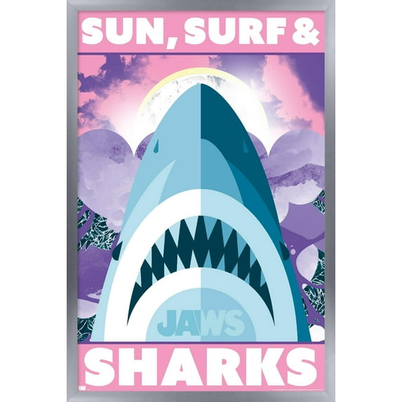 Jaws - Sun, Surf & Sharks Wall Poster, 22.375" x 34" Framed